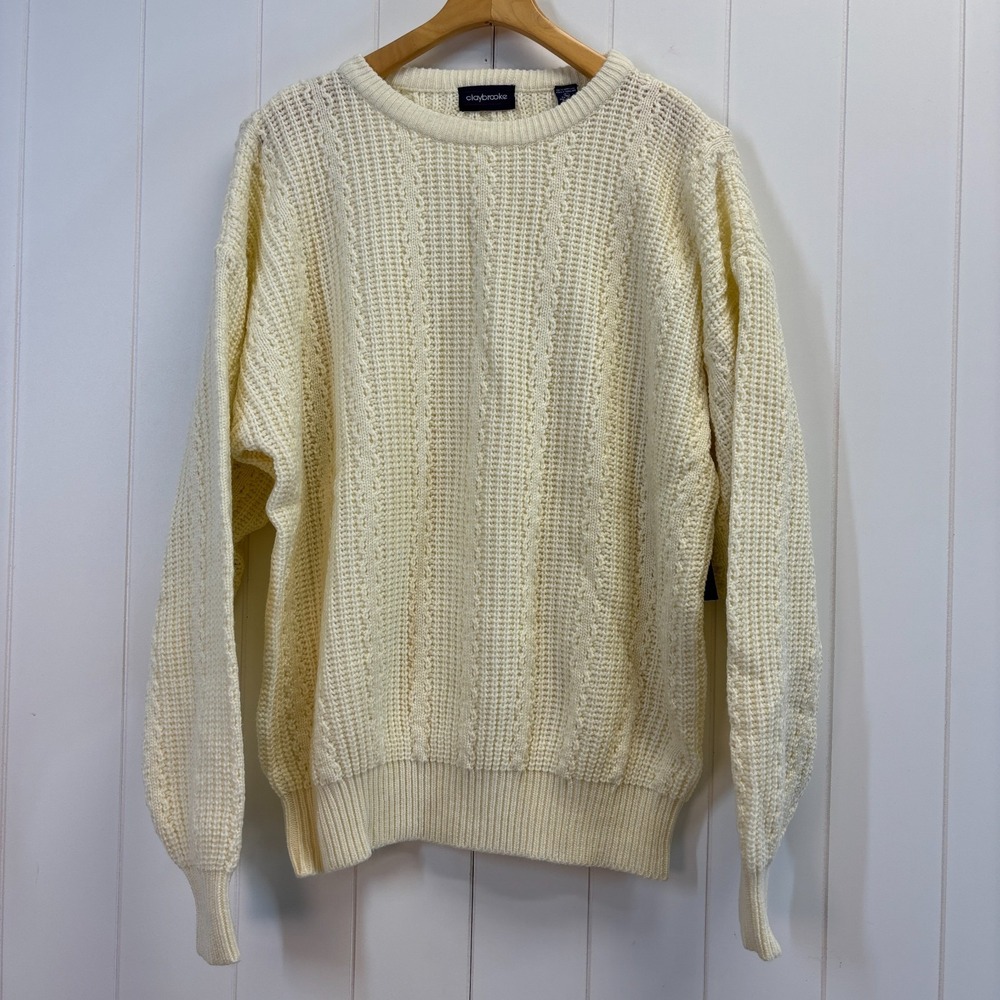 Vintage Claybrooke Mens Fisherman Chunky Ribbed Sweater Size L Cozy Neutral NWT